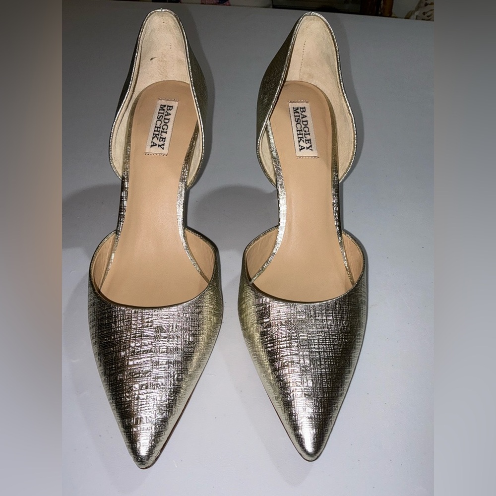 BADGLEY MISCHKA Metallic Gold Heels Rhinestone Trim 10 M - Picture 12 of 16